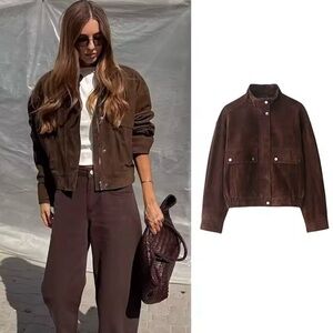Women Faux Suede Stylish Brown Bomber XS Jacket Coat
